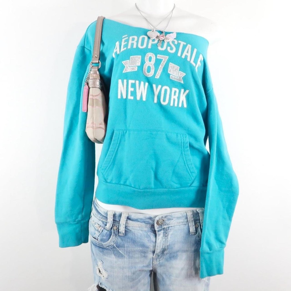 y2k aeropostale turquoise new york graphic hoodie pullover